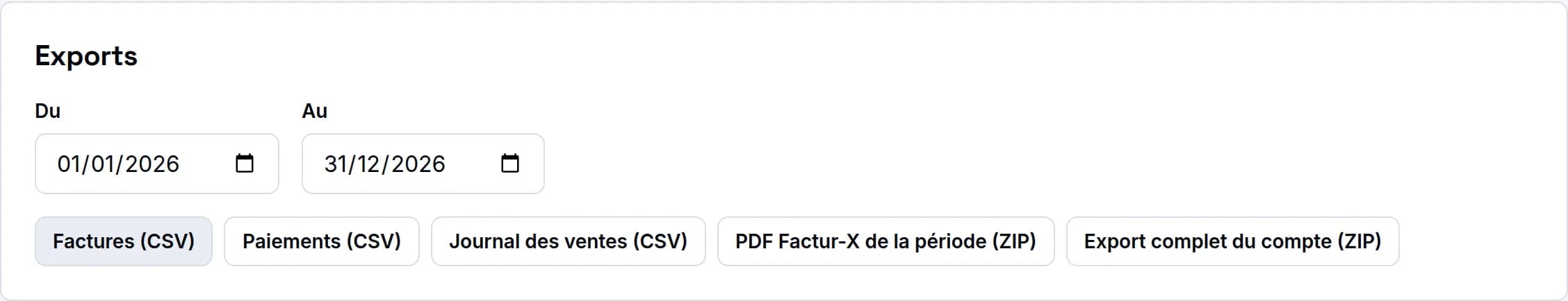 Carte Exports : période, CSV des factures, des paiements et du journal des ventes, ZIP des PDF Factur-X