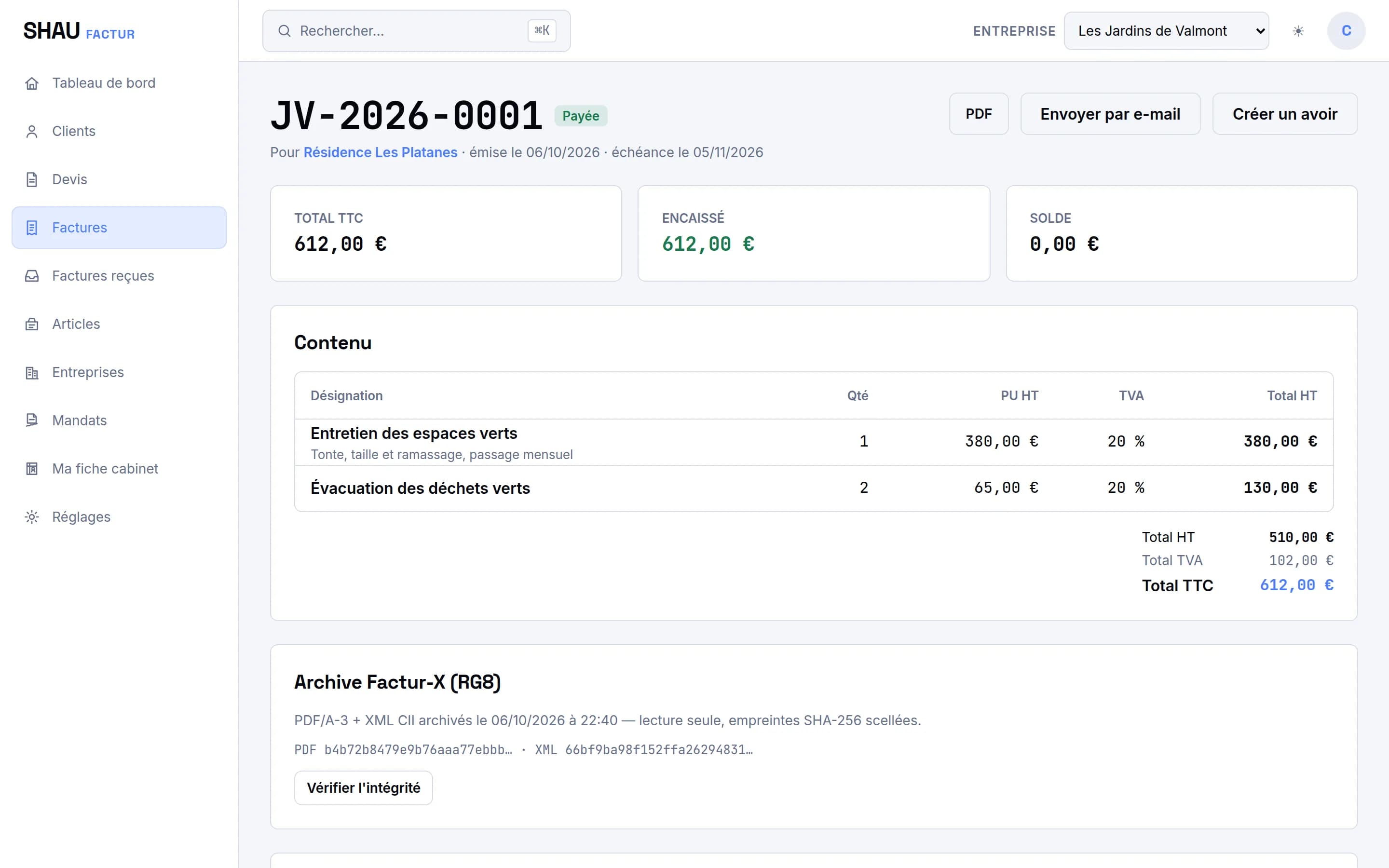 Facture émise et payée : numéro définitif, solde à zéro et archive Factur-X