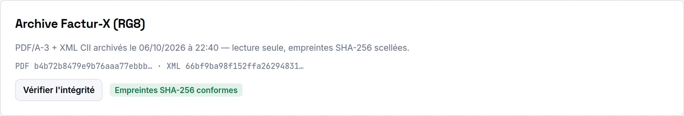 Carte Archive Factur-X : empreintes SHA-256 et vérification d'intégrité réussie