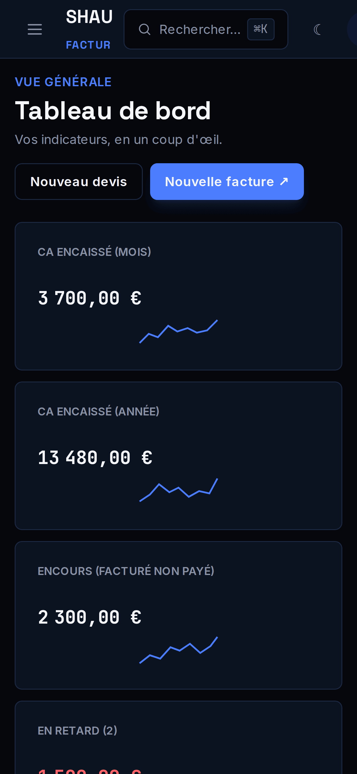 Tableau de bord SHAU Factur sur mobile
