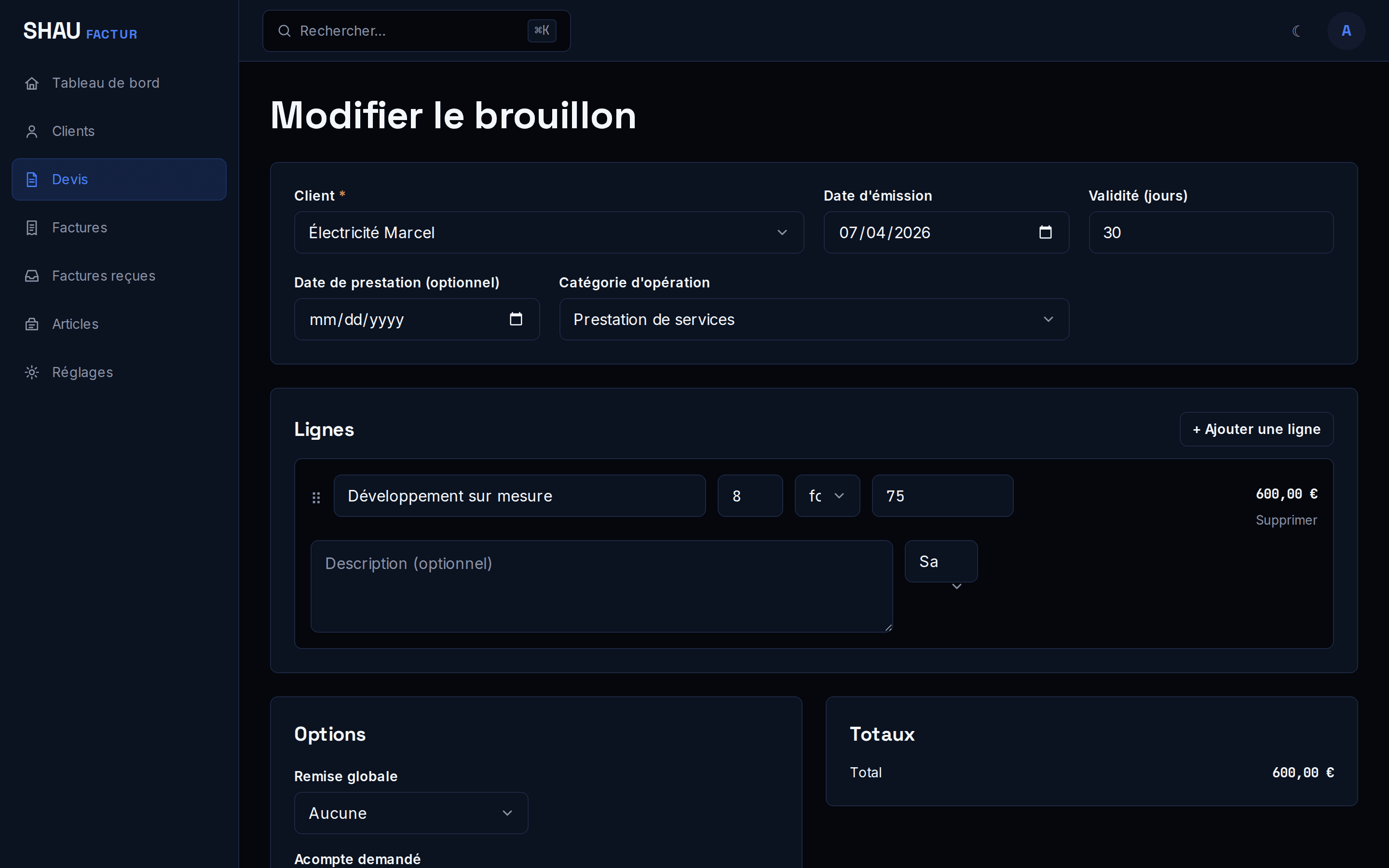 Éditeur de devis : lignes, remises, acompte et TVA du territoire