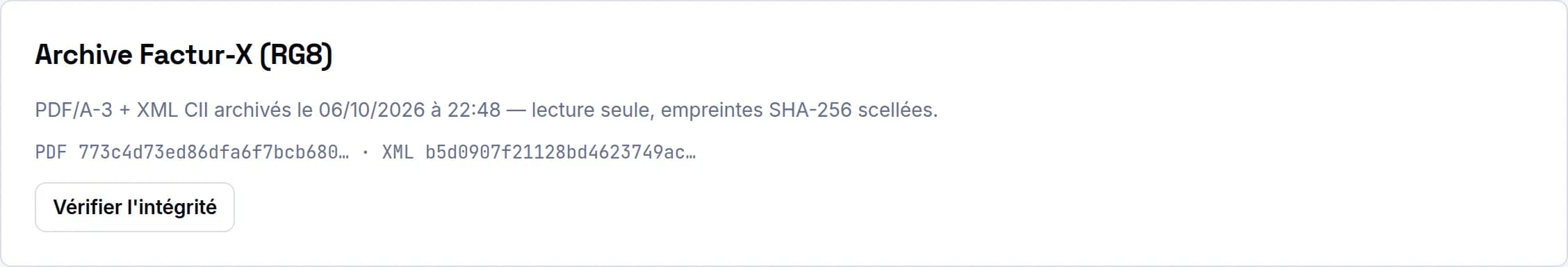 Page de vérification d'intégrité : empreintes SHA-256 du PDF et du XML recalculées et comparées