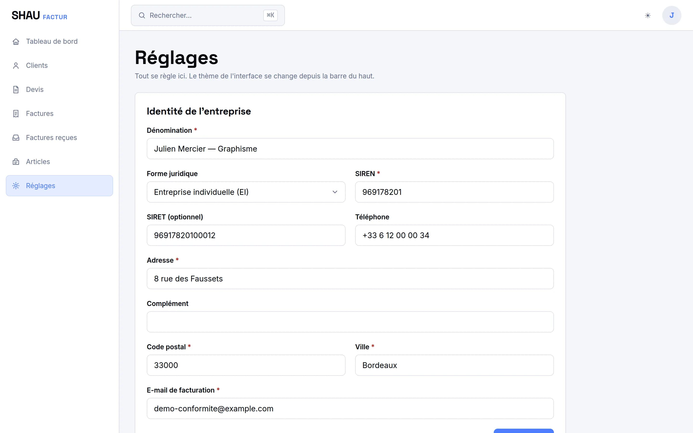 Réglages SHAU Factur : choix du territoire fiscal (métropole, Antilles-Réunion, Guyane-Mayotte)