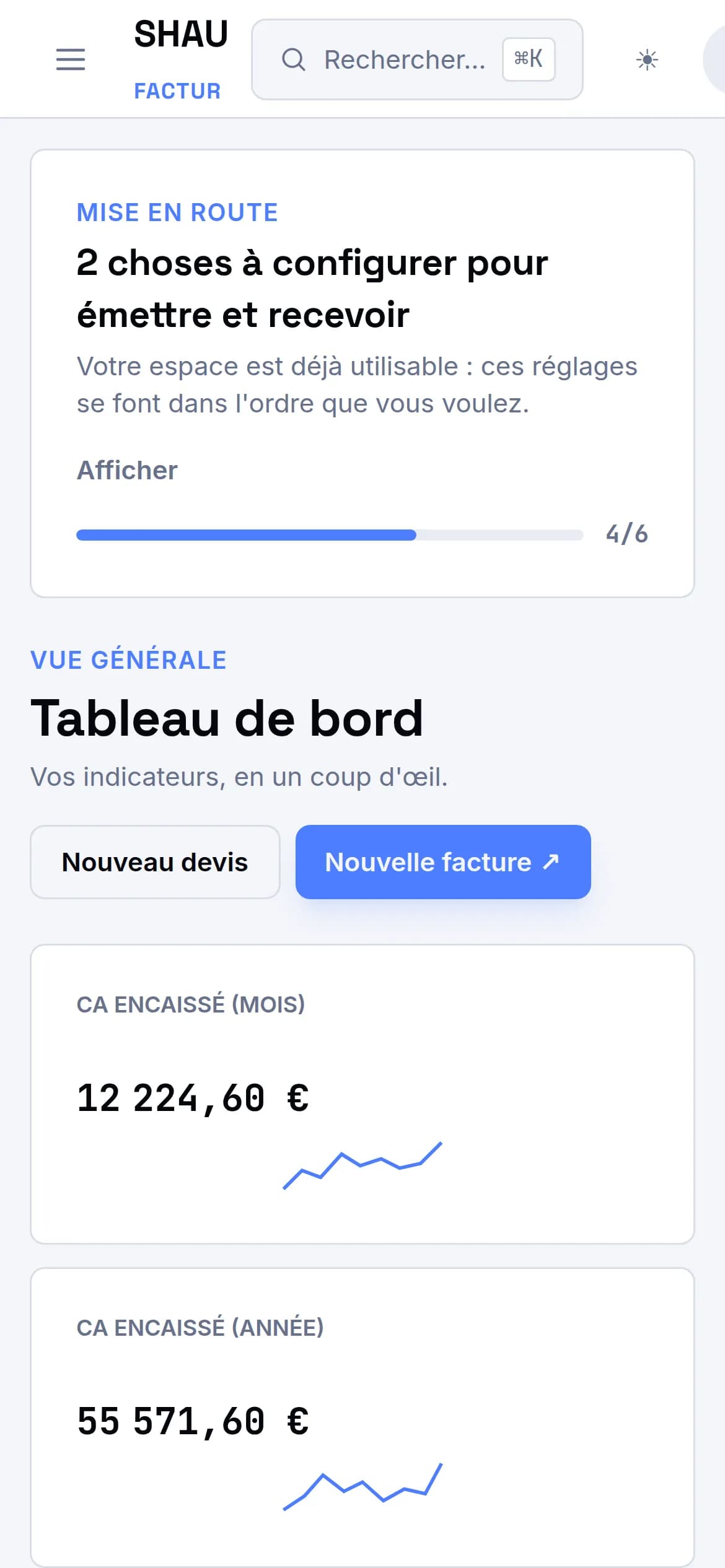 Tableau de bord SHAU Factur sur mobile