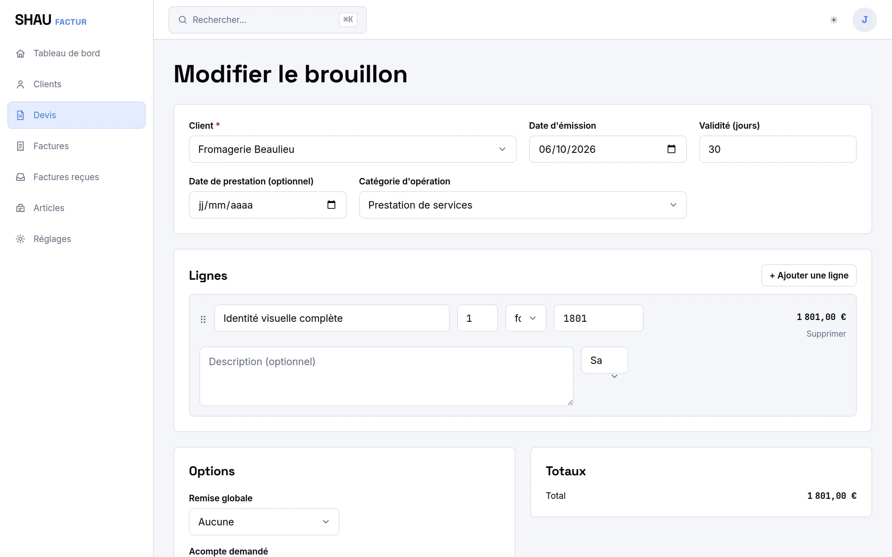 Éditeur de devis : lignes, remises, acompte et TVA du territoire
